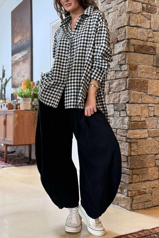 Zeta Otto Brushed Cotton Plaid Shirt Black Ecru